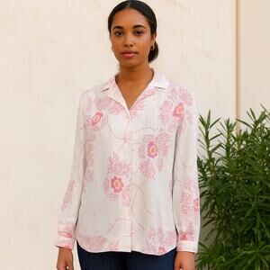 Vintage 70s Devon Pink Floral Button Front Blouse Long Sleeve Women’s S/M